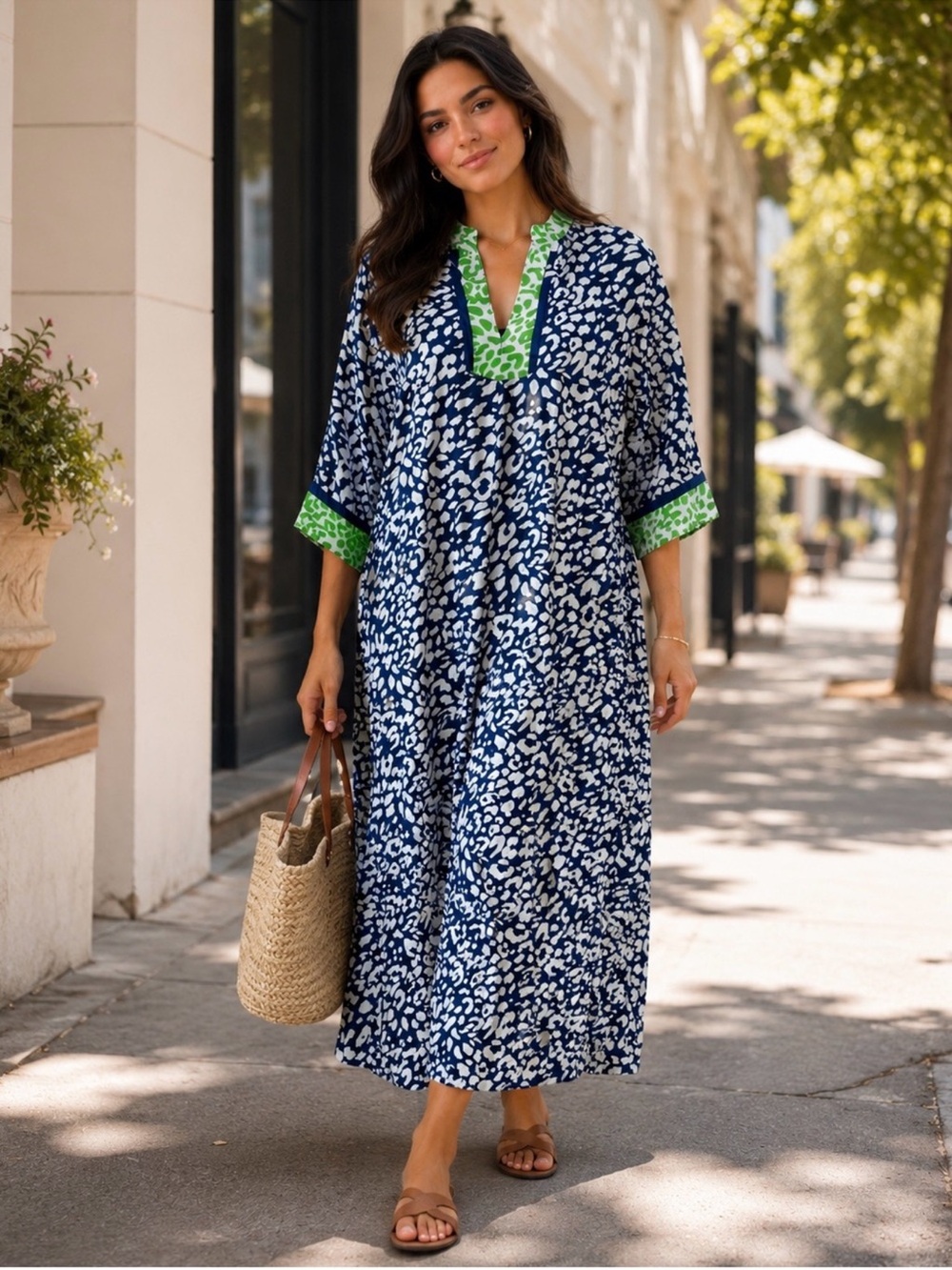 Oscar de la Renta Leopard Print Caftan Maxi Dress
